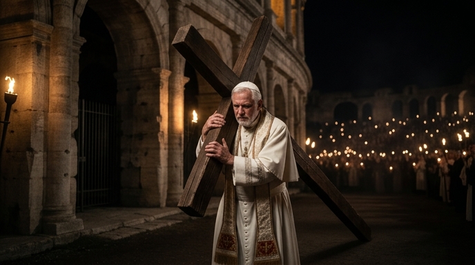 El Papa León XIV carga la cruz en el Vía Crucis del Coliseo, reviviendo la tradición.