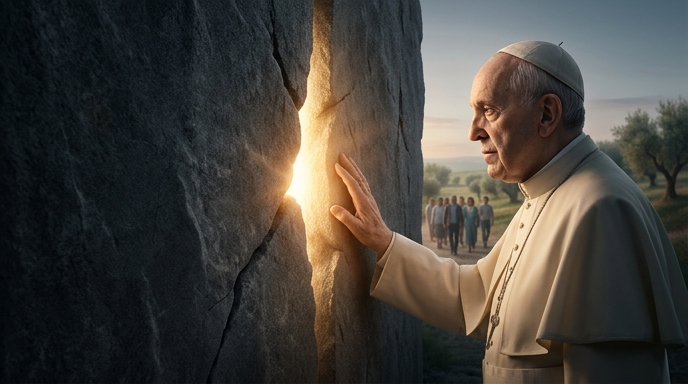 Un primer plano de perfil del Papa Leo XIV junto a una pesada pared de piedra resquebrajada, de la que brota una luz dorada.