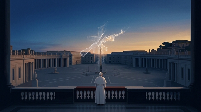 El Papa León XIV, de espaldas, contempla la Plaza de San Pedro mientras en el aire se forma una cruz de luz tachando un fusil.