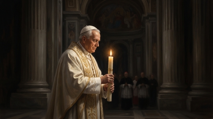 El Papa León XIV sostiene un cirio encendido durante la Vigilia Pascual en la Basílica de San Pedro, simbolizando la esperanza de paz.