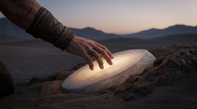 Guerrero tocando suavemente un Nexo del Abismo radiante en un desierto vasto y tranquilo al anochecer.