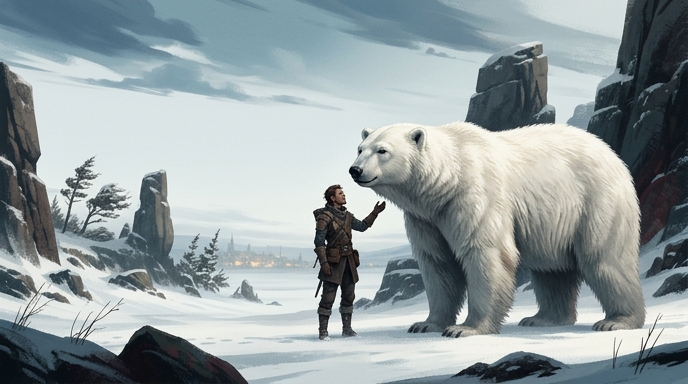 Un guerrero frente a un oso blanco gigante en un paisaje helado de Crimson Desert.