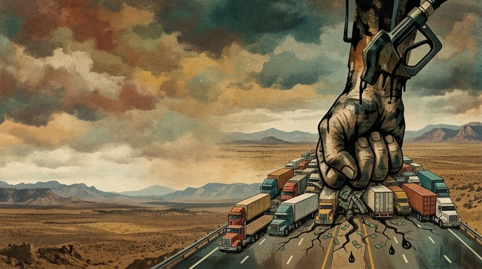 Un puño gigante con una manguera de gasolina aplasta una columna de camiones en una carretera desértica, simbolizando las protestas.