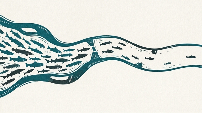 Ilustración de estilo grabado que muestra a los peces migratorios atrapados por barreras en un río.