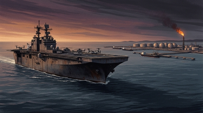 Un buque de asalto anfibio navega cerca de una terminal petrolera bajo un cielo amenazador.