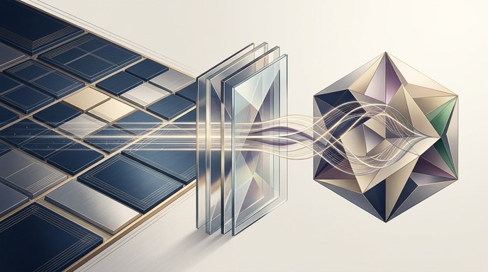 Ilustración de la transición de la IA de la computación clásica (cuadrículas) a la cuántica (poliedro geometrico).