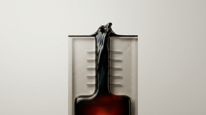 Un gráfico conceptual minimalista de un líquido oscuro y viscoso, que representa el crudo Brent, elevándose agresivamente y desbordando una estructura geométrica refinada que actúa como una escala de precios. El líquido sobrepasa la marca superior más alta y prominente, formando una cresta tensa y orgánica en la cima, simbolizando los precios superando los $100. Un sutil resplandor rojo-rojizo profundo emana de la base, indicando conflicto. El fondo es un espacio negativo vasto, liso y monocromático de color gris pálido, dándole una estética premium y editorial.