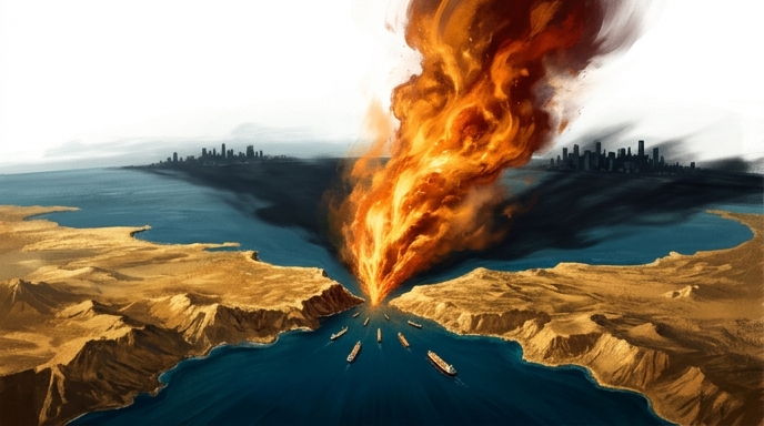 «Una columna eruptiva de energía ardiente bloquea el Estrecho de Ormuz, representando la crisis energética.»