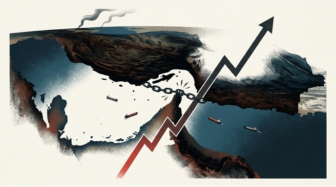 Mapa conceptual de la tensión en el Estrecho de Ormuz, mostrando un bloqueo y una flecha al alza para los precios del petróleo.