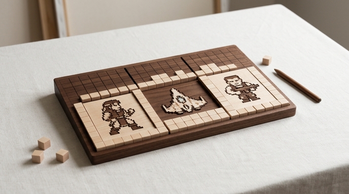 **Alt text**
Tablero de madera táctil con personajes de Konami en pixel art para el juego de puzzles Picross.