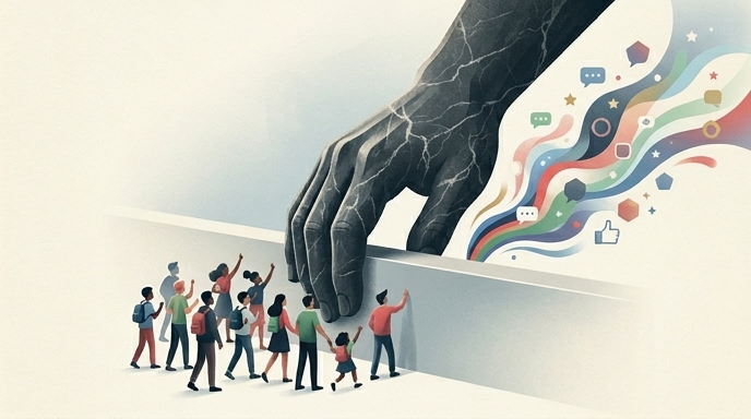 Ilustración de una mano grande bloqueando a niños de un flujo de iconos de redes sociales, simbolizando restricciones de edad.