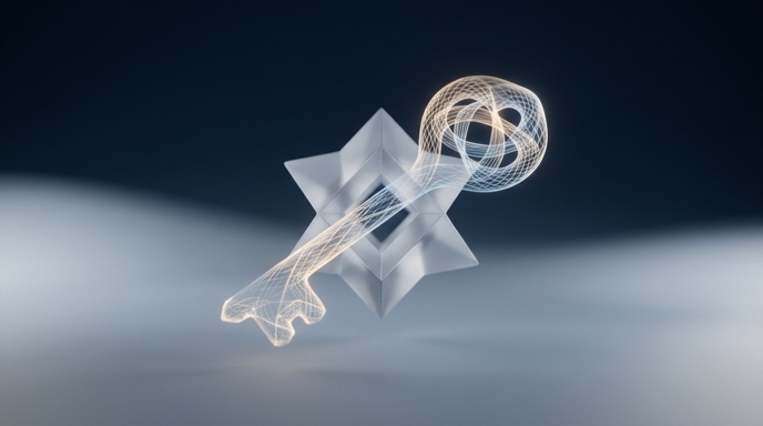 Alt text in Spanish: Una llave de luz abstracta atraviesa una forma geométrica, simbolizando la seguridad cuántica y el Premio Turing 2025.