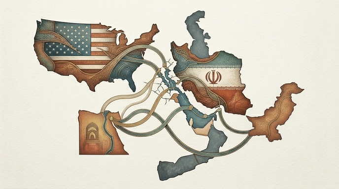 Un mapa editorial ilustrado que representa la diplomacia de Egipto y Pakistán intentando conectar a EE. UU. e Irán durante la guerra.