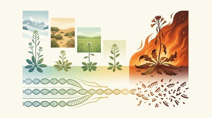 Ilustración de *Arabidopsis thaliana* adaptándose a varios climas, excepto donde el calor extremo provoca caos genético.