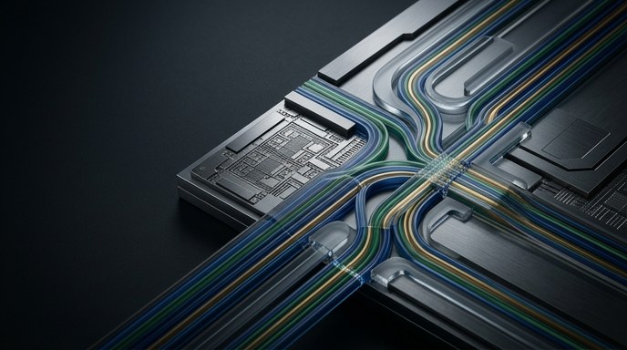 Unidad de interconexión óptica de alta velocidad con fibras de vidrio integradas sobre un sustrato de silicio.