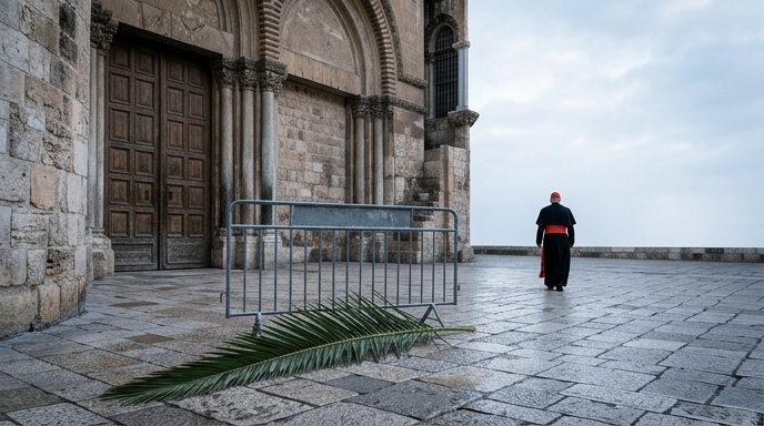 Un cardenal de espaldas camina frente a una barrera policial y una rama de palma ante una iglesia antigua de piedra.
