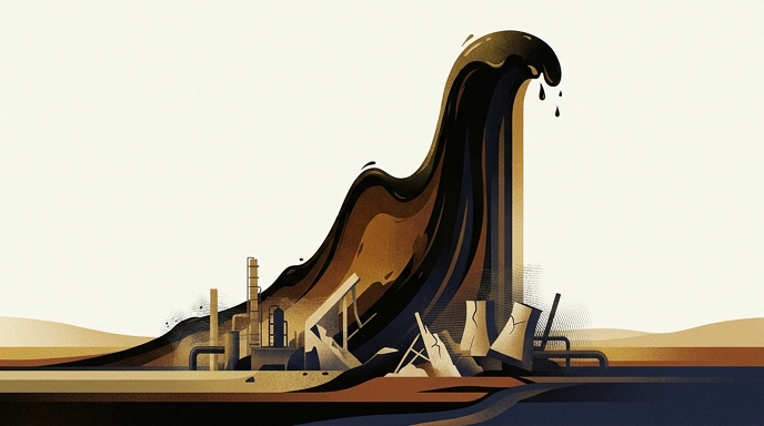 Ilustración de una gran ola de petróleo que se eleva sobre infraestructuras energéticas en ruinas, representando el repunte del precio.