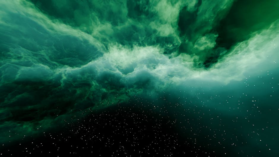 Una nebulosa de un verde vibrante en el espacio exterior, con innumerables estrellas que brillan intensamente.