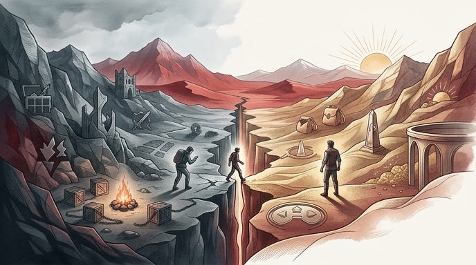 Ilustración editorial de un paisaje dividido: el lado oscuro representa las limitaciones iniciales del juego, mientras que el lado soleado muestra las mejoras tras los parches.