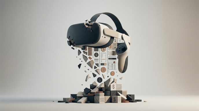Un visor de VR roto se desmorona en símbolos financieros, representando el cambio de blockchain hacia las finanzas y el alejamiento del metaverso.