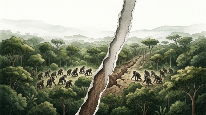 «Una ilustración editorial que muestra un grupo de chimpancés en una selva dividida violentamente por una gran grieta, simbolizando la guerra civil y la división territorial».