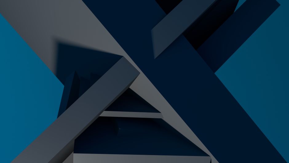 Arte geométrico abstracto moderno con estructuras dinámicas azules y grises que crean un impacto visual sorprendente.