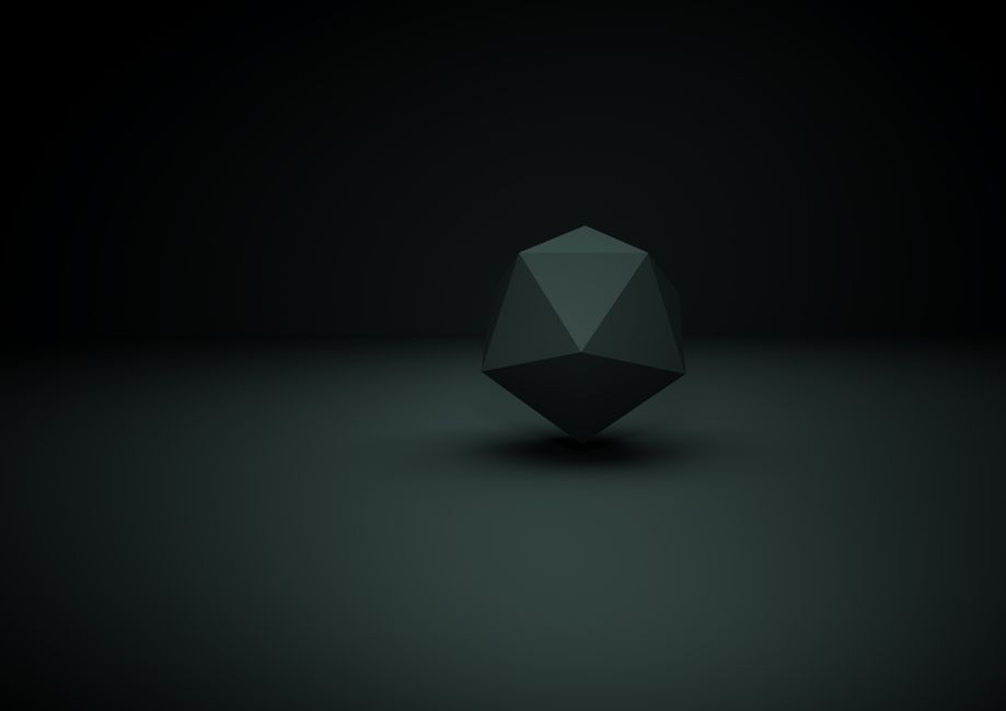 Un poliedro geométrico oscuro ubicado en un espacio minimalista mal iluminado con sombras profundas.