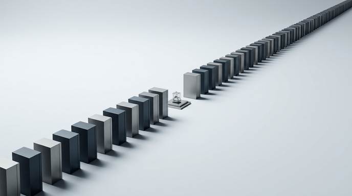 «Una fila infinita de pequeñas estructuras geométricas retrocede en el espacio hacia un mecanismo minúsculo y preciso, representando la sobredemanda de chips de 2nm.»