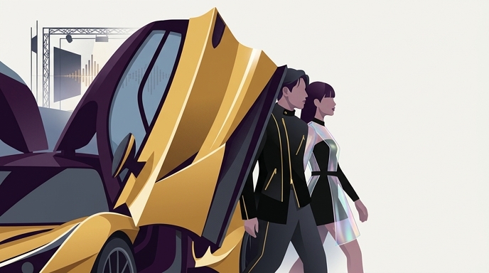 Ilustración de estilo editorial para PUBG Mobile que presenta un coche hiperdeportivo Apollo y dos ídolos del K-pop caminando hacia un escenario de concierto.