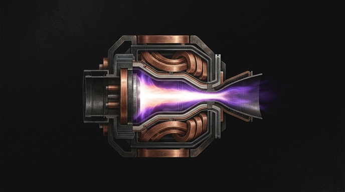 Vista en corte de un sistema de escape de fusión nuclear, mostrando bobinas magnéticas de cobre y plasma encendido.