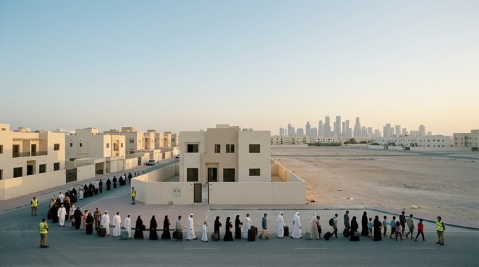 Evacuación de residentes en un barrio de Qatar con el horizonte de la ciudad al fondo.