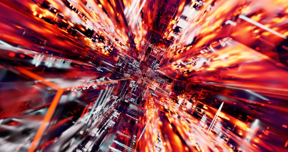 Explosión de luz digital 3D abstracta con vivos tonos cálidos, sugiriendo un flujo de datos de alta velocidad.