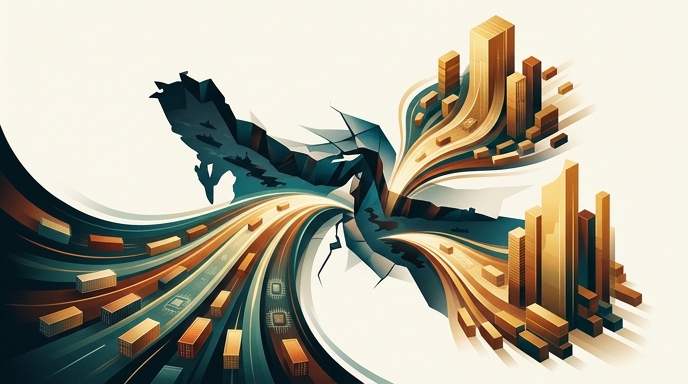 Ilustración abstracta de líneas de suministro globales y chips fluyendo a través de una grieta en el comercio mundial.
