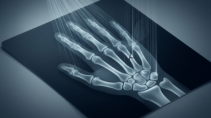 Ilustración editorial de rayos X de mano con filamentos digitales que representan la creación de imágenes médicas sintéticas por IA.
