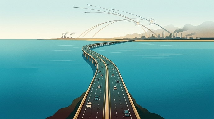Ilustración de un puente sobre el mar con autos y estelas de misiles en el cielo sobre una zona industrial lejana.