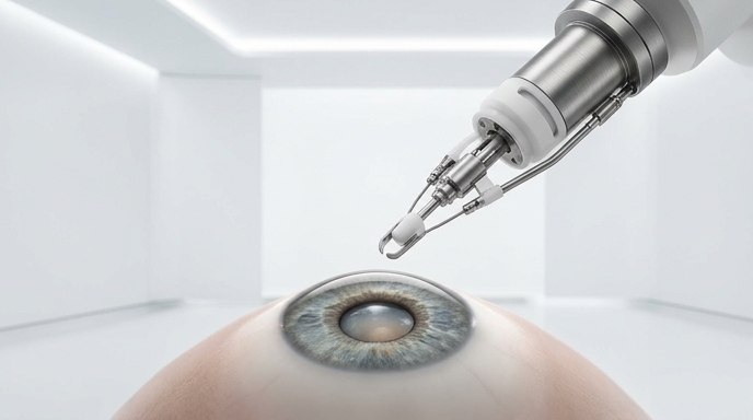 Primer plano quirúrgico de un brazo robótico de precisión acercándose a un ojo humano con cataratas.