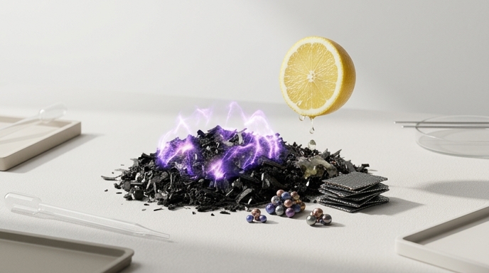 Un bodegón conceptual que muestra cómo el jugo de un limón se combina con plasma para reciclar metales de baterías trituradas.