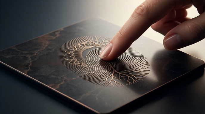 Detalle de un dedo presionando una placa de piedra oscura grabada con un diseño de huella dactilar dorada, representando la verificación biométrica.