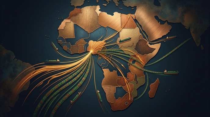 Mapa ilustrado de África en cobre y oro mostrando líneas de exportación que nacen de Nigeria hacia todo el continente.