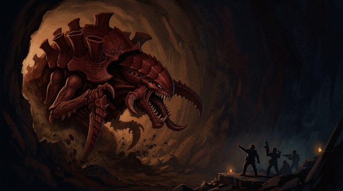 Un tiranido rojo y monstruoso emergiendo de un túnel para cazar a soldados humanos.