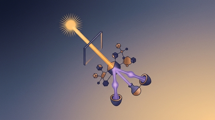 Ilustración editorial que muestra un rayo de sol dividiéndose en múltiples haces de energía al pasar por una molécula abstracta.