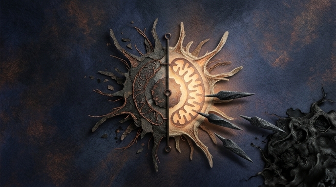 Ilustración de una célula inmunitaria revitalizada combatiendo el cáncer mediante el aumento de energía de sus mitocondrias.