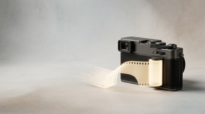 Una cámara digital retro con un rollo de película luminosa que se funde en datos digitales, simbolizando la fusión de lo analógico y lo digital.