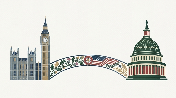 Ilustración de Big Ben y el Capitolio de EE. UU. unidos por un arco de flores y bandera americana, en estilo vintage.