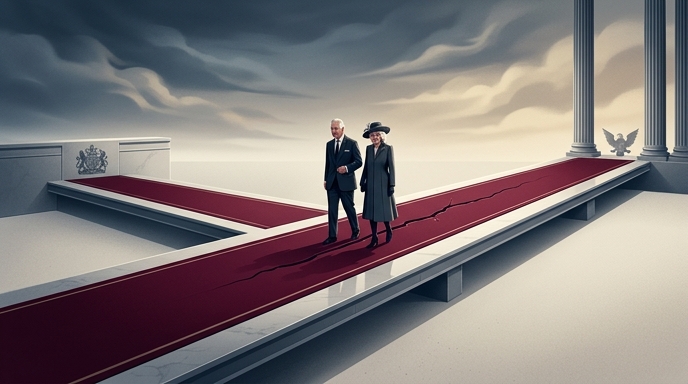 El rey Carlos y la reina Camila caminan por una alfombra roja agrietada hacia columnas de estilo estadounidense.