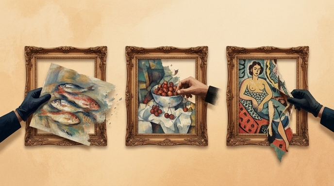 Tres marcos dorados en una pared beige de donde manos con guantes negros roban los cuadros de Renoir, Cézanne y Matisse.