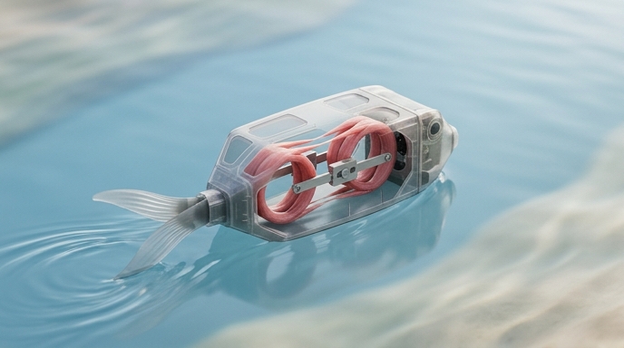 Imagen editorial del robot biohíbrido OstraBot nadando con su mecanismo de músculo cultivado en laboratorio expuesto.