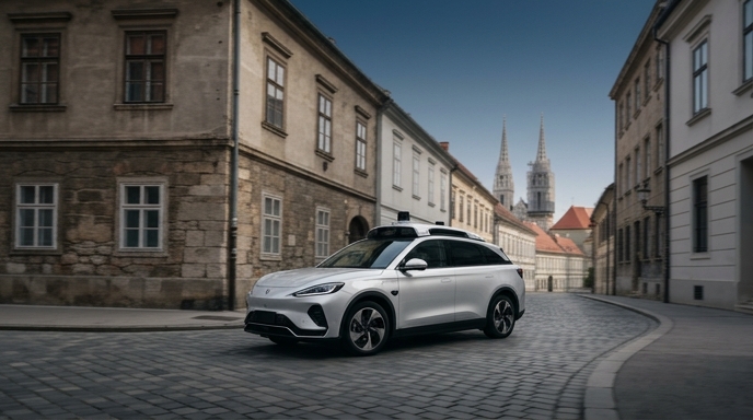 Un robotaxi eléctrico Arcfox blanco en una calle adoquinada de Zagreb, con la catedral de fondo, bajo un cielo despejado.