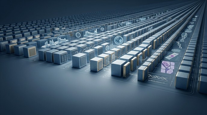Vista isométrica de una vasta matriz de servidores y visualizaciones biomédicas, representando la 'fábrica de IA' de Roche.