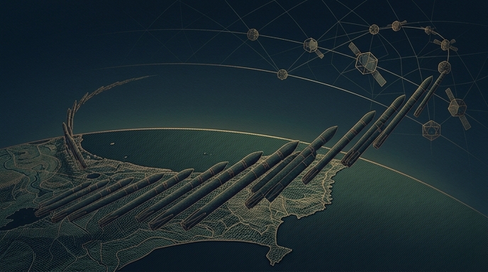 Ilustración de cohetes repetidos creando una red sobre la costa de Nueva Zelanda mapeada por radar.